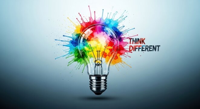 A colorful light bulb with the words 'THINK DIFFERENT' on it.
