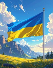 Ukrainian Flag Over Mountain Landscape.