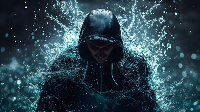 Man wearing a dark hooded jacket, centered within a dynamic display of water splashes and vibrant teal lighting, creating a dramatic and visually compelling image.