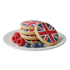 Three stacked shortbread cookies with Union Jack flags, fresh raspberries & blueberries on white plate, isolated transparent background, studio macro shot, no shadows. Food advertising concept