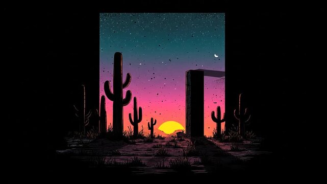 Desert landscape illustration with cactus and sunset view against dark