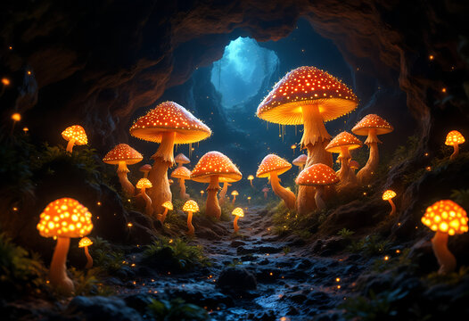 Enchanted cavern filled with luminous fantasy mushrooms and glowing lights.