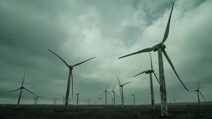 Wind farm with broken turbines standing still, wide empty cloudy horizon above for copyspace, cinematic composition symbolizing halted energy and environmental challenges.