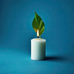 Leaf Burns on Candle. Nature & Candlelight Concept. Blue Background. Use Ecology
