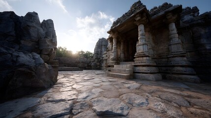 Majestic ancient stone temple entrance with carved pillars under a bright sky