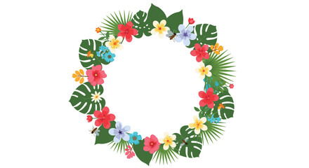 A vibrant circular arrangement of tropical flowers and leaves forms a decorative wreath.