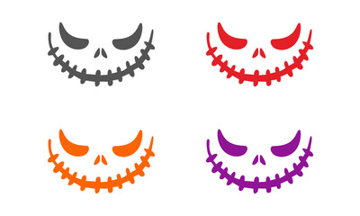 Four spooky jack-o'-lantern face icons in red orange purple and gray variations isolated on transparent background