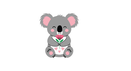 Obraz premium Cute baby koala holding a pink flower with a heart pattern on its diaper.