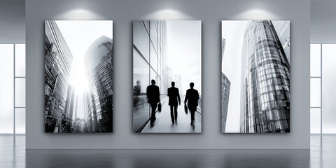 modern interior gallery wall with three vertical black-and-white architectural photographs featuring skyscrapers and reflections, highlighted by overhead lighting in minimalist corporate composition