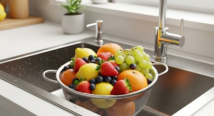 Fresh colorful fruit in a colander being rinsed in a kitchen sink for healthy eating.