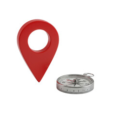 Sleek, minimalist red enamel map pin and gleaming silver compass on a solid transparent background, 45-degree elevated angle, macro focus, concept of location and precision