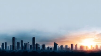Naklejka premium A modern city skyline is illuminated by the warm glow of sunrise casting a hopeful light over the urban landscape