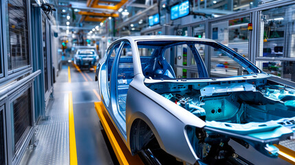 Fototapeta premium A silver car body on an automated assembly line in a high-tech factory with robotic arms in the background
