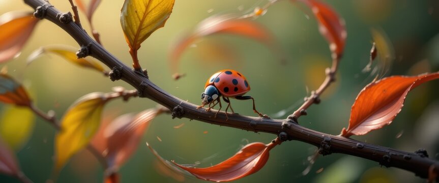 Vibrant Ladybug on Autumn Branch