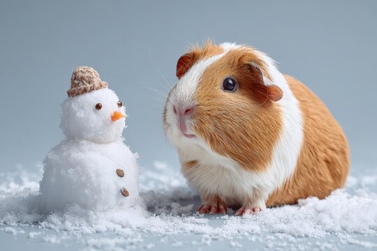 Guinea Pig with Miniature Snowman in Bright Studio Setting