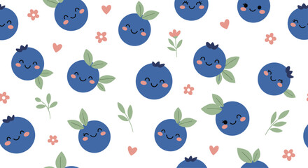 Naklejka premium Cute happy blueberries with small pink flowers and leaves pattern.