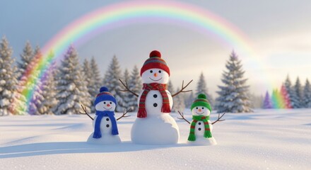 Obraz premium Three snowmen in a snowy landscape with a rainbow in the background.