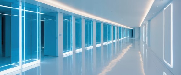 Fototapeta premium Modern Futuristic Corridor with Blue Neon Lights