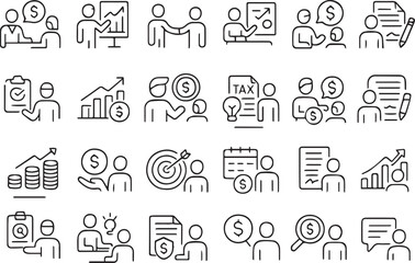 Financial Consulting and Business Strategy Icons Assessment Line Icon Set.