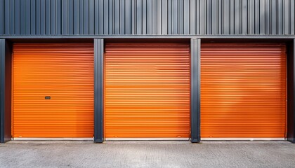 bright orange storage unit doors create vibrant contrast against gray building showcasing modern design and organized storage solutions