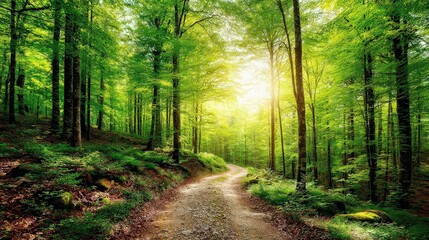 Obraz premium Sunlit Forest Path Through Lush Green Trees