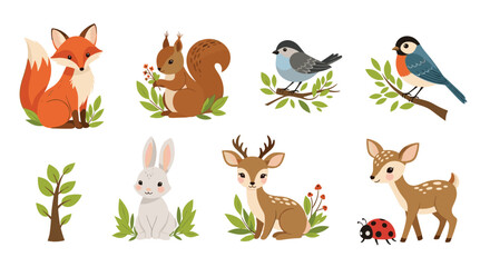 A collection of charming woodland animals including a fox squirrel birds and a deer.