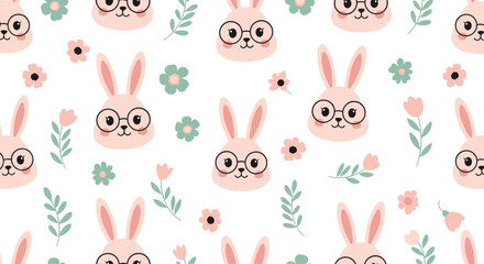 Obraz premium Cute bunny pattern with glasses and flowers.