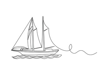 Sailing Boat on Water in Continuous Line Art. Minimalist Nautical Illustration