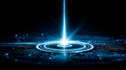 Glowing power button hovering over a futuristic circuit board in a dark room at night