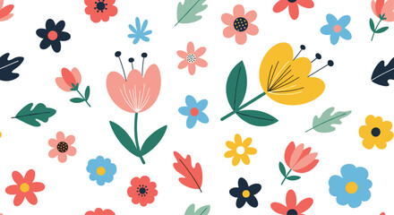 A cheerful pattern of various colorful flowers and leaves.
