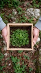 Hands Holding Sapling in Wooden Planter in Nature with Blurred Background