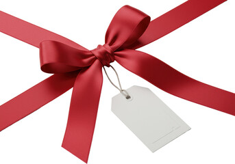 A luxurious, vibrant ruby red satin bow with pointed tips and a transparent debossed gift tag, isolated on a transparent background with soft studio lighting, concept of elegant presentation