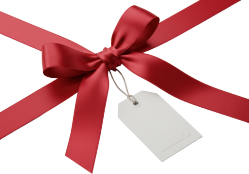 A luxurious, vibrant ruby red satin bow with pointed tips and a transparent debossed gift tag, isolated on a transparent background with soft studio lighting, concept of elegant presentation