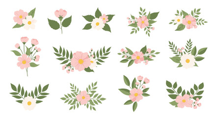 A beautiful collection of delicate floral arrangements and single flowers.