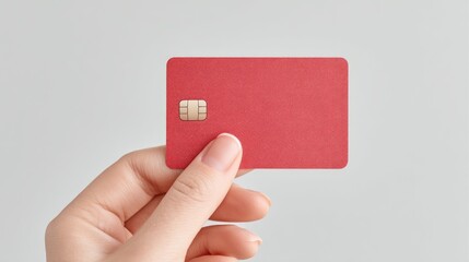 Hand Holding Red Credit Card Against White Background Minimalist Studio Shot