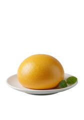Golden-brown custard bun (lai wong bau) on a minimalist white plate with a mint sprig, isolated on transparent, bright studio lighting, no shadows. Appetizing commercial food concept