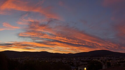 Obraz premium peace. A breathtaking sunset sky panorama with vibrant warm hues and glowing clouds. inspiring travel planning, travel magazines, designed for travel destination branding, inspires travel planning.