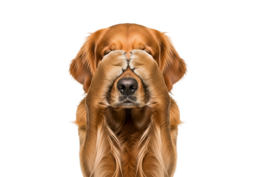 A golden retriever is covering its eyes with its paws, creating a visually striking image of a dog in a humorous pose against a solid black background.