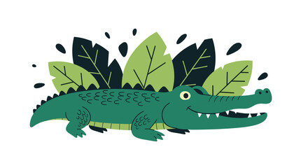 Obraz premium A happy green alligator peeking from behind lush green jungle leaves.