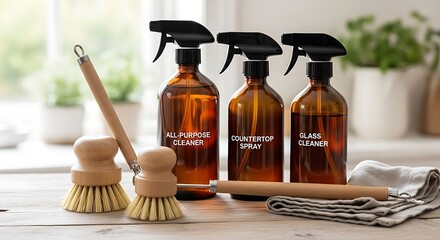 Natural cleaning supplies amber glass bottles brushes eco-friendly home care products.
