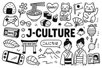 Japanese culture doodle composition with anime, sushi, torii gate and traditional symbols, Transparent Background