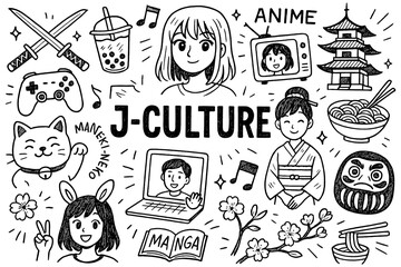 Japanese culture doodle composition with anime, sushi, torii gate and traditional symbols, Transparent Background