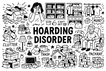 Fototapeta premium Hoarding disorder doodle composition with cluttered boxes, clothes, books and stressed people, Transparent Background