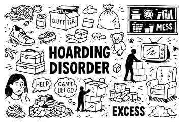 Hoarding disorder doodle composition with cluttered boxes, clothes, books and stressed people, Transparent Background