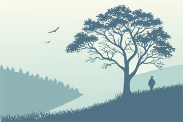 Cheetah Silhouette on Grassy Hill - Duotone Teal Savannah Landscape Vector