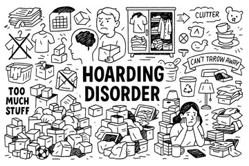 Hoarding disorder doodle composition with cluttered boxes, clothes, books and stressed people, Transparent Background