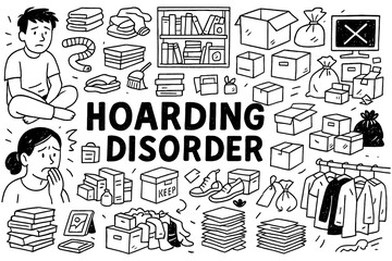 Fototapeta premium Hoarding disorder doodle composition with cluttered boxes, clothes, books and stressed people, Transparent Background