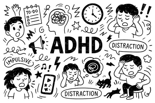 ADHD doodle composition with hyperactive kids, distraction symbols and focus challenges, Transparent Background