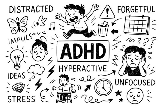 ADHD doodle composition with hyperactive kids, distraction symbols and focus challenges, Transparent Background