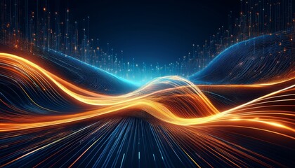 abstract digital data stream glowing orange lines futuristic technology background binary code modern network design elegant dark blue backdrop high tech